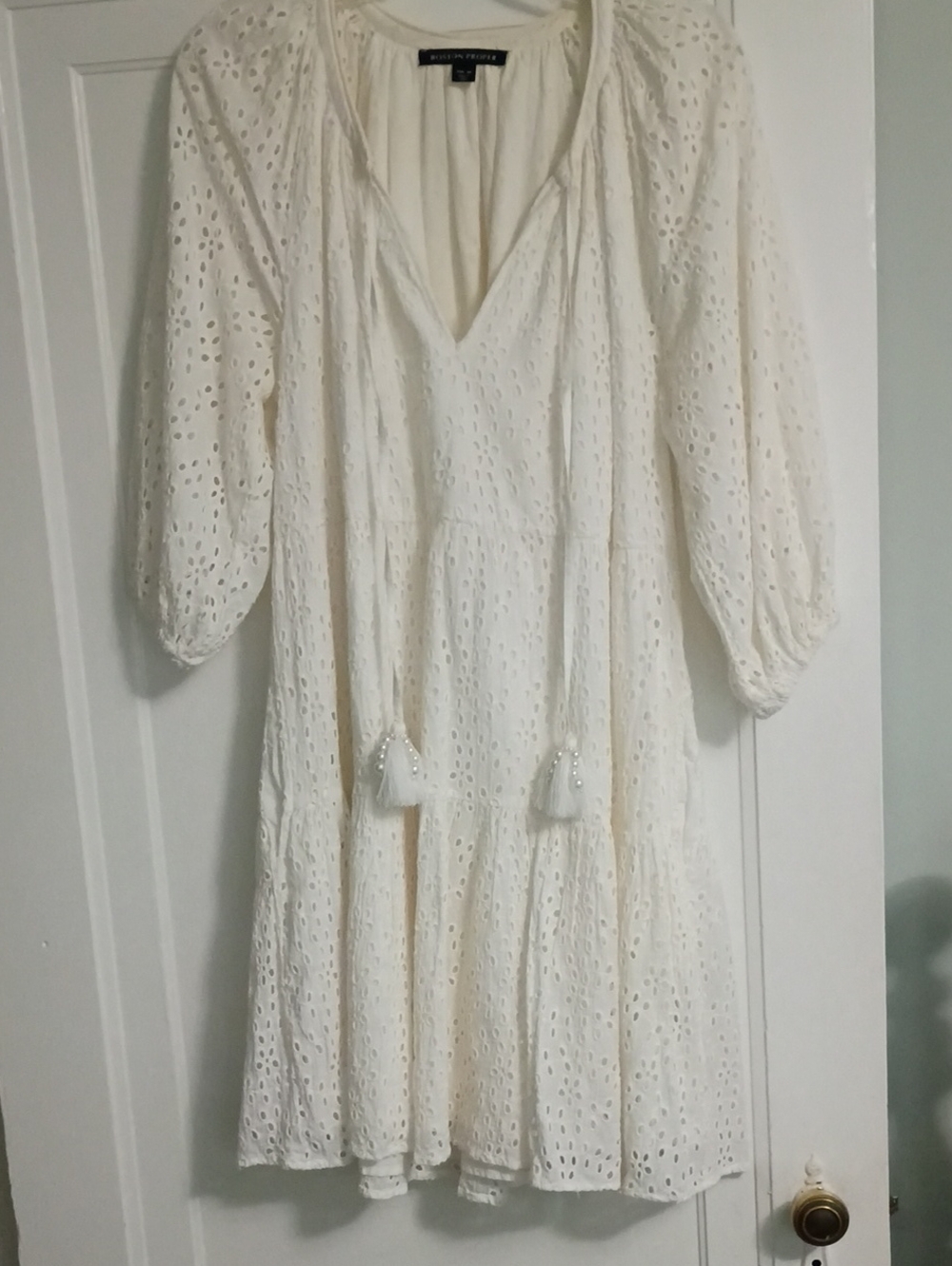 Boston Proper Cream Eyelet Mini Dress with Tassels
